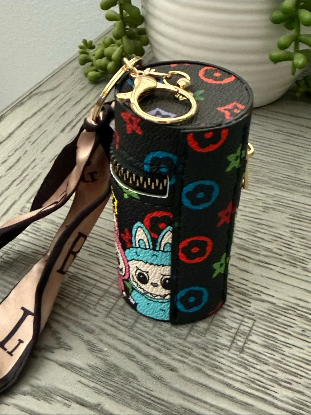 Novelty Print Cylinder Keychain Pouch with Scarf Charm NWOT